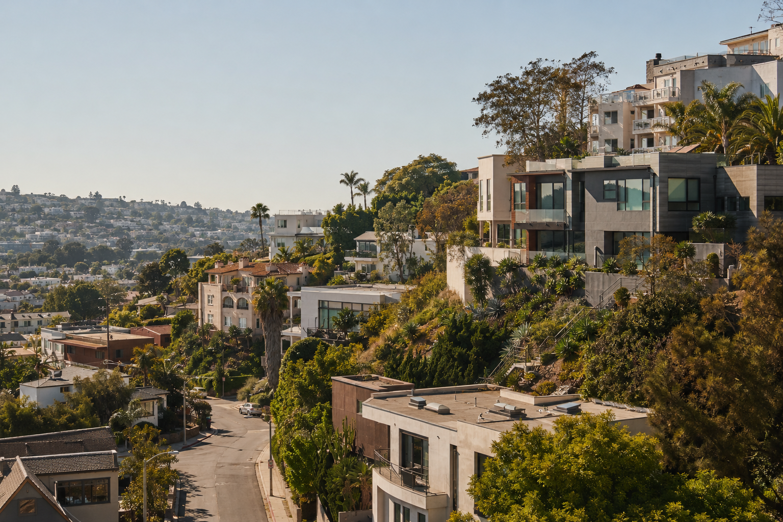 Hillside California neighbourhood with homes and contemporary residential buildings integrated into the terrain.